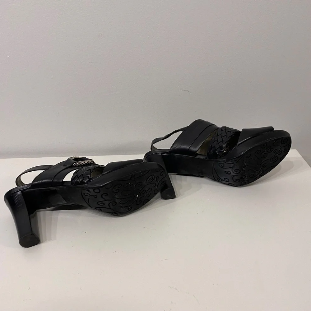 Brighton‎ Black Leather Braided Slingback Heeled Sandals Silver Hardware Buckle